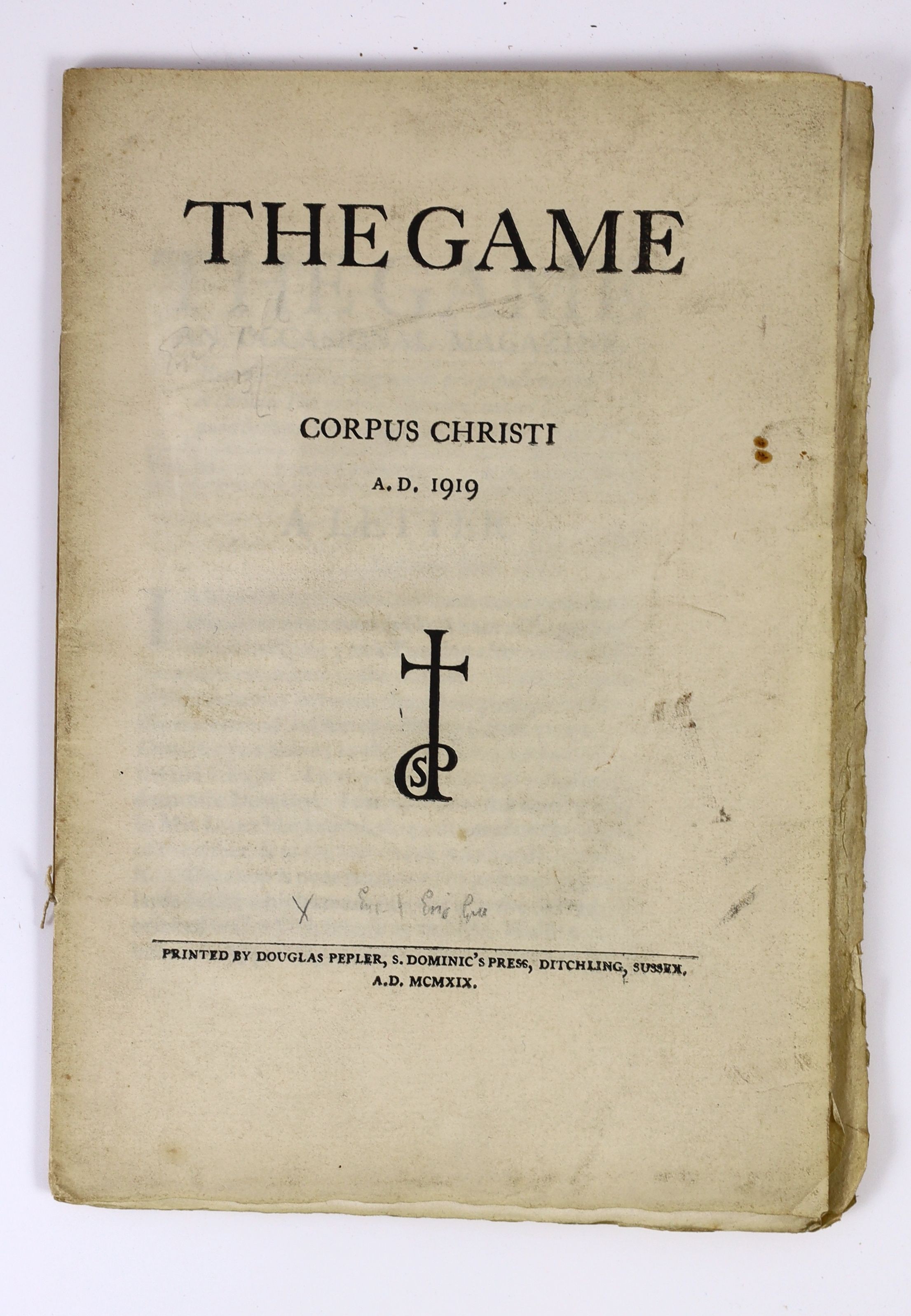 The Game: An Occasional Magazine, Vol. III, Corpus Christi A.D. 1919 No. 1, with an engraved plate by Eric Gill, published by Douglas Pepler, S. Dominic’s Press, Ditchling, 1919